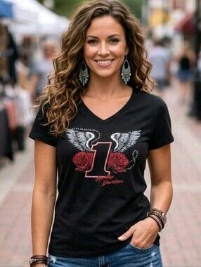 Women's L Black Harley Davidson T-shirt V-neck College Station Texas Wings Roses